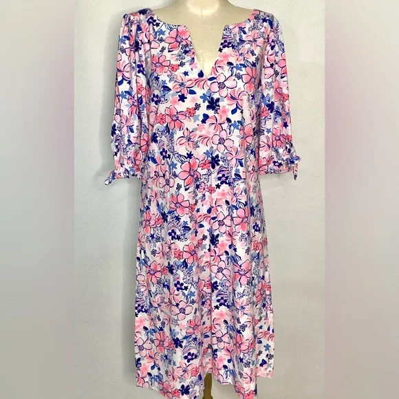 Lilly Pulitzer Pink and Blue Floral 3/4 Sleeve Cotton Dress - Picture 1 of 11